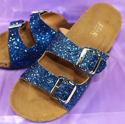 H2K Womens Glitter Double Buckle Adjustable Comfort Slip On Slides Sandals Sz 6 • $6.99