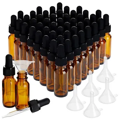 48 Count 1/2 Oz Amber Glass Dropper Bottles & 6 Funnels For Essential Oils 15 Ml • $34.49