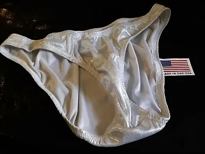 Mens  Lame Shiny Tricot Rio Full Or Thong S M L Or XL Handmade Silver USA • $32.09