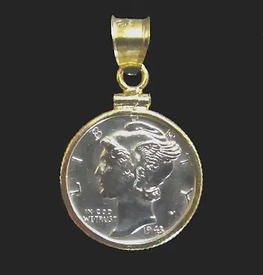 Coin Pendant 90% Silver Vintage Mercury Dime 14K Gold Filled Bezel Soldered Bail • $43.20