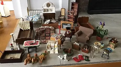 Vintage Dollhouse Wooden Furniture & Accessories Lot Of 45 • $80