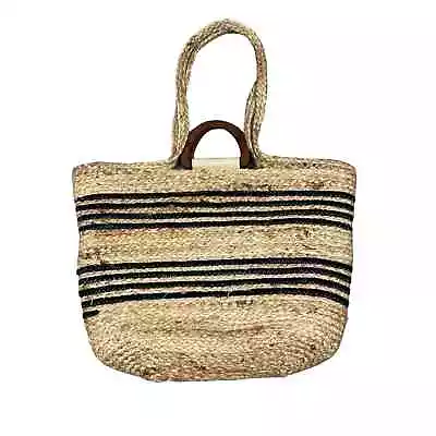 Magid Jute Straw Black Striped Accent Tote With Wooden Handles • $19.99