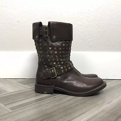 Ugg Conor Stud Brown Moto Leather Boots Sz 7.5 Size Zipper Sherpa Lined Footbed  • $89.99