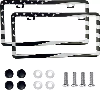 2PCS Premium American Flag License Plate Frame Black License Plate Frames 2 Ho • $17.63