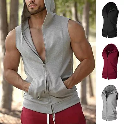 Men Gym Sleeveless Hoodie Fitness Sports Muscle Hooded Vest T-Shirt Tank Top UK • £7.19