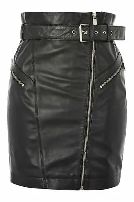 £94.80 • Buy Women Comfort Front Zip Pockets Black Soft Butter Leather Belted Mini Kilt Skirt
