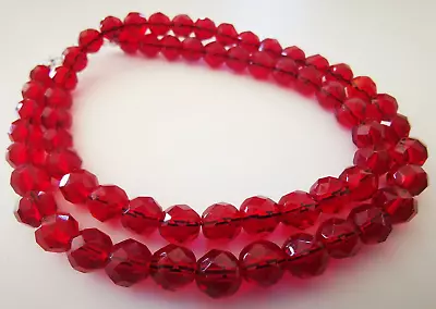 VINTAGE CZECH RUBY RED COLOR FACETED ROUND GLASS 7.5 Mm BEADS NECKLACE • $35.88