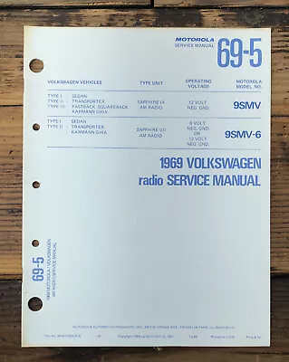 Motorola / VW 1969 Car Stereo 9SMV 9SMV-6 Service Manual *Orig* • $24.97