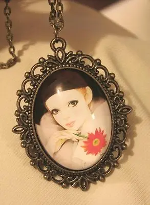 Lovely Picot Rim Colorful Pierot French Clown Cameo Brasstone Pendant Necklace • $13.49