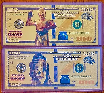 Star Wars** C3PO & R2D2** 24Kt. Gold Novelty $100 Banknote's*(Rare)*(New) • $8.99