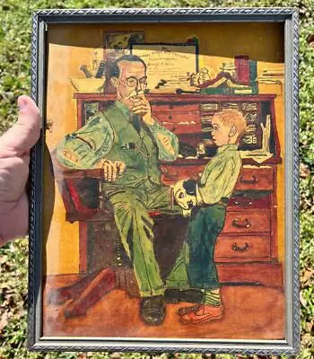 Old Vintage American Portrait Oil Painting Boy Takes Dog To Doctor Luke Doheny • $71.25