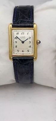 Must De Cartier Tank 18ct Gold On Silver Mid Size Watch On Cartier Strap. • $863.21