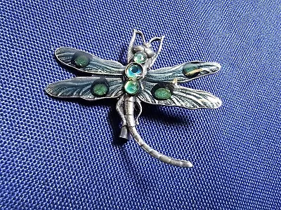 Grandma Grabe's Beautiful Vintage Silver Tone Green Dragonfly Brooch • $3