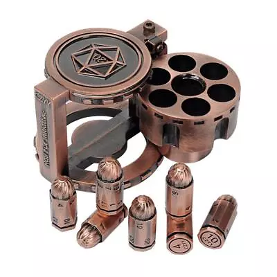 Metal Polyhedral Dice Set Of 7 With Spinning Revolver Cylinder Container Brass • $60.99