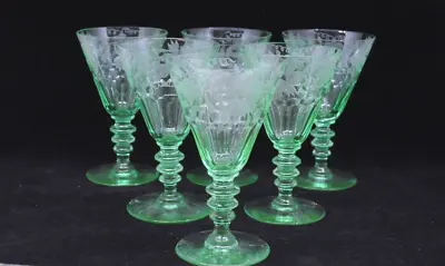$225 • Buy Set Of Six Val St Lambert Theodule Green Vaseline/Uranium Water Goblets Etched