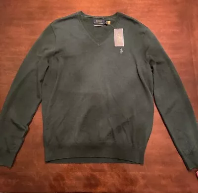 POLO Ralph Lauren Pure Merino Wool V Neck Green Sweater Medium - NWD MSRP $138 • $29