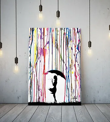 Banksy Coloured Rain Girl Umbrella - Deep Framed Canvas Wall Art Graffiti Print • £14.99