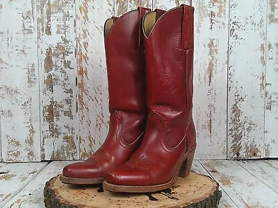 Vintage Frye Cowboy Boots Women’s 6B Oxblood Red Leather Pull On Square Toe • $128.88