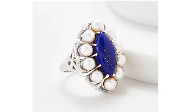 Sterling Silver Lapis & Cultured Pearl Gemstone Ring Size 6 • $26.26