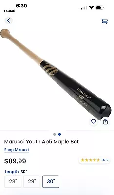 Marucci Bone Rubbed Handcrafted AP5 Youth Model Maple Wood Baseball Bat 30  • $39.99