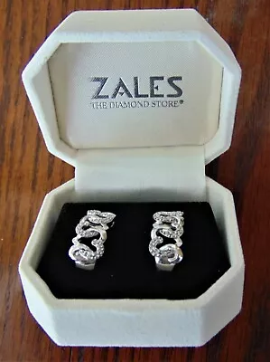 $45 • Buy Zales/ Pave Diamonds/Silver Hallmark/Heart Design/J Hook Pierced Earrings/In Box