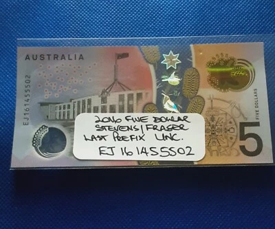 $20 • Buy Ej16 Last Prefix 2016 R224l $5 Five Dollar Unc. Fraser Stevens Banknote