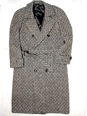 VTG Adams Row Mens Tweed Trench Coat 42R Gray White Herringbone Wool Overcoat  • $189.99