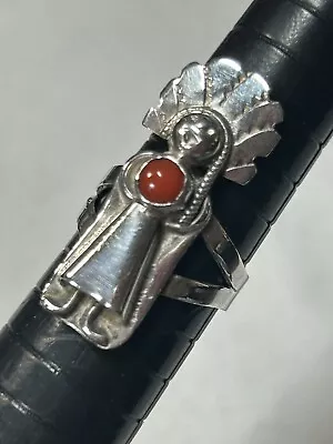 Vintage Native American Sterling Silver Red Coral Standing Man Ring Sz5 3.8g • $19