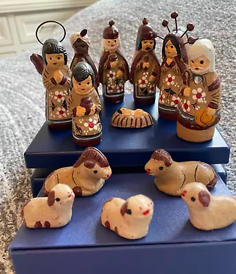 Vintage 14 Pieces Mexican Christmas Nativity Scene Folk Art Hand Painted Pottery • $15