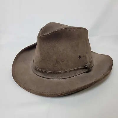 VTG Minnetonka Brown Genuine Leather Hat Large Cowboy Outback Western Distressed • $25.99