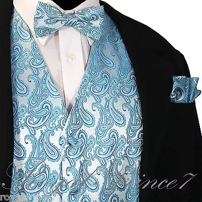 Turquoise XS To 6XL Paisley Tuxedo Suit Dress Vest Waistcoat & Bow Tie Hanky • $25.34