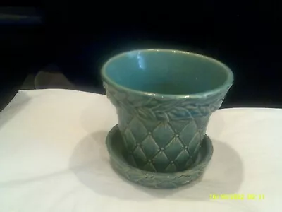 Vtg. McCoy Flower Pot With Attached Saucer-Quilted Diamond Pattern-Green • $7.95