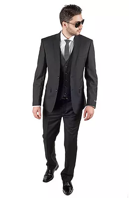 Slim Fit Suit 3 Piece Vested 2 Button Solid Jet Black Notch Lapel By AZAR MAN • $119