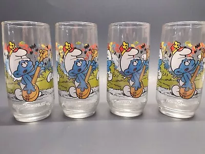 (4) Vintage HARMONY SMURF Smurfs Glasses 1983 Peyo Wallace Berrie Co. • $14.99