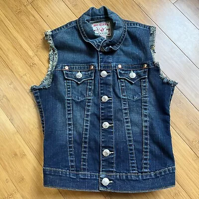 Vintage Y2K True Religion Kylie Denim Vest Size M Distressed Blue Jean Dark Wash • $59.99