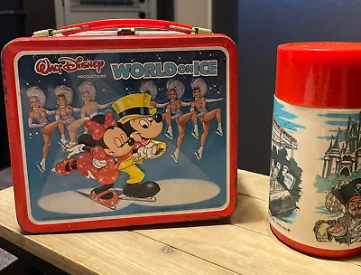 Vintage Mickey Mouse Metal Lunch Box + Thermos Disney Wonderful World On Ice • $16