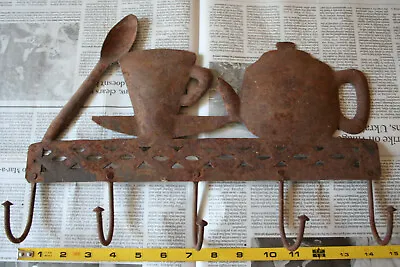 Outsider Art Metal Key Or Apron Rack Hanger 5 Hooks Teapot Cup Spoon • £14.20