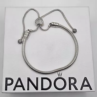 Genuine Pandora Pave Heart Slider Snake Adjustable Bracelet ALE 925 #591680C01 • £50