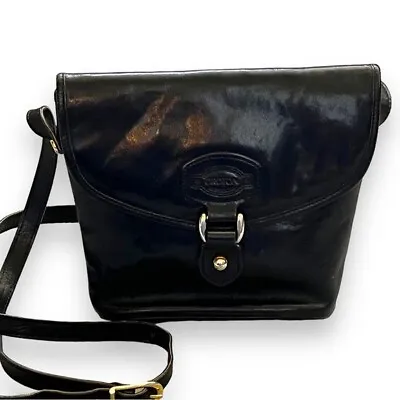 Vintage Oroton Crossbody Purse Black Leather Flap Satchel Bag Pockets Preppy • $34.99