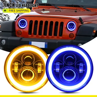 Pair 7  Round LED Headlights Hi/Lo Blue Halo H4 For Jeep Wrangler JK TJ CJ LJ • $33.59