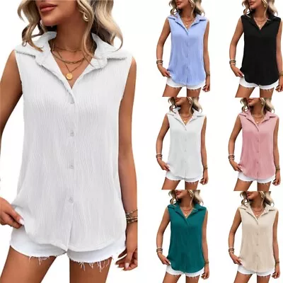 Womens Casual Tunic Button Blouse Shirts Ladies Sleeveless Tops Cami Pleated • £11.69