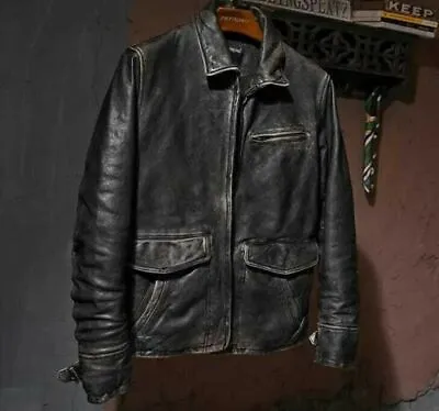 Men’s Motorcycle Biker Vintage Cafe Racer Distressed Black Real Leather Jacket • $99.99