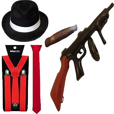 1920s AL CAPONE LOT PIMP RED GANGSTER HAT TIE BRACES TOMMY GUN CIGAR FANCY DRESS • £11.99