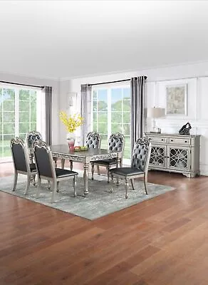 Formal 7pc Dining Set Table 6x Side Chairs Intricate Tufted Back Cushion Seat • $1879.99