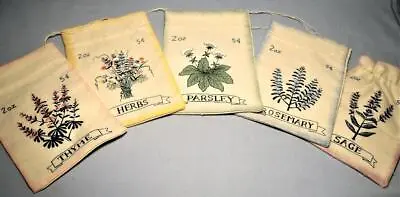 5 Drawstring Cotton Muslin Bags W/ Different Stenciled Herbs - New/Old Stock • $11.99