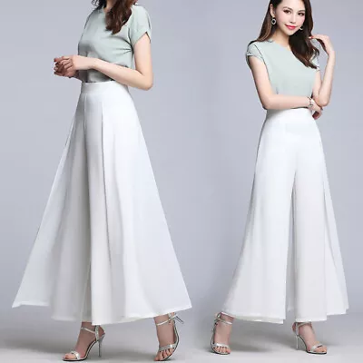 Women Chiffon Wide-leg Trousers Straight High Waist Cropped Pant Casual Culottes • $29.99