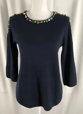 J Crew Womens Sweater Navy Blue MultiColored Beads Acrylic Wool Small • $15.99