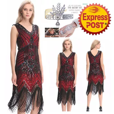 1920s 30s Style Gatsby Vintage Charleston Sequin Beaded Flapper Dress Uk10-24 • £23.88