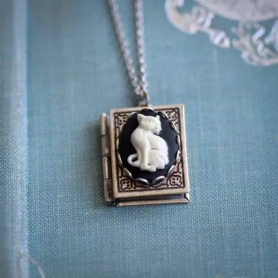 Vintage Cameo Cat Book Pendant Box Necklace Jewelry Gothic Gift Cosplay Library • $3.21