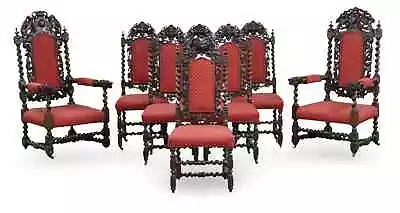Antique Chairs Set Of 6 & 2 Red  Carved French RenaIss. Barley Twist 1800s • $3875